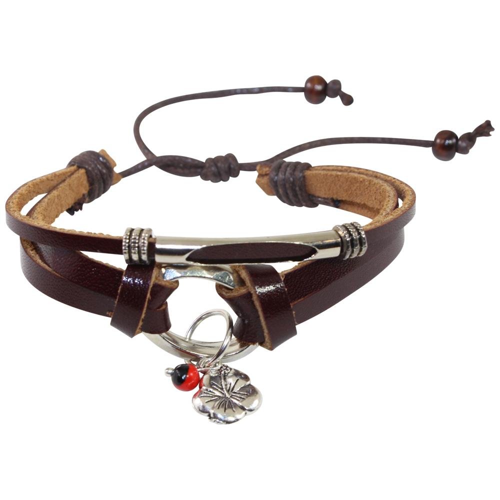 Hibiscus Charm Adjustable Leather Bracelet for Women w/Huayruro Seed - EvelynBrooksDesigns
