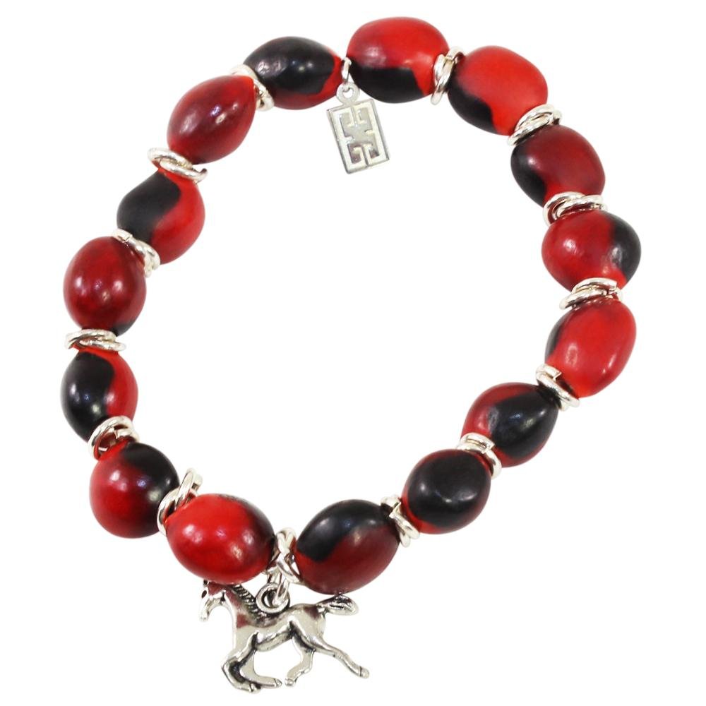 Horse Charm Stretchy Bracelet w/Meaningful Good Luck, Prosperity, Love Huayruro Seeds - EvelynBrooksDesigns