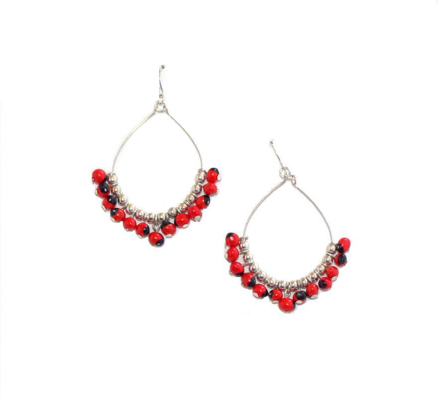 Long Drop Hoop Sterling Silver Dangle Red & Black Good Luck Earrings 2.2" - EvelynBrooksDesigns