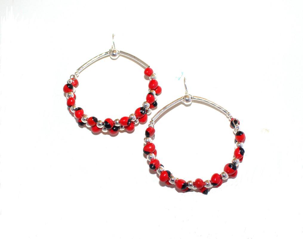 Long Drop Hoop Sterling Silver Dangle Red & Black Good Luck Earrings 2.5" - EvelynBrooksDesigns