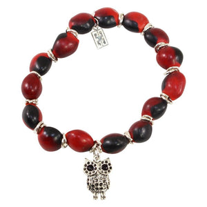 Owl Charm Stretchy Bracelet w/Meaningful Good Luck, Prosperity, Love Huayruro Seeds - EvelynBrooksDesigns