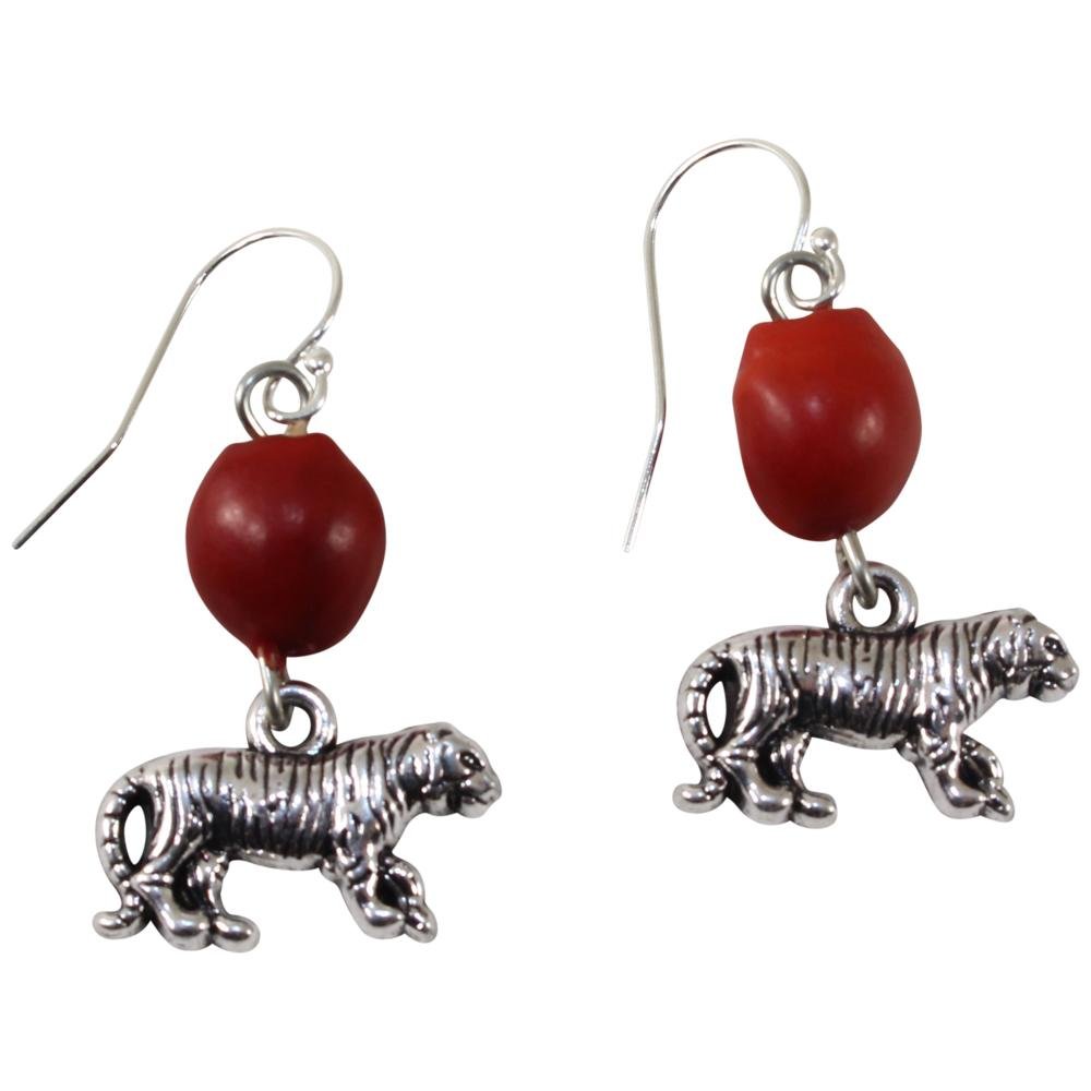 Powerful Puma/Tiger Dangle Silver Earrings w/Meaningful Good Luck Huayruro Seeds - EvelynBrooksDesigns