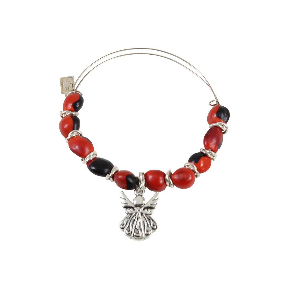 Protection Guardian Angel Charm Bangle/Bracelet for Women w/Huayruro Red Seed Beads - EvelynBrooksDesigns
