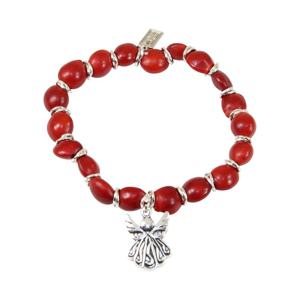Protection Guardian Angel Charm Stretchy Bracelet w/Meaningful Good Luck Huayruro Seeds - EvelynBrooksDesigns