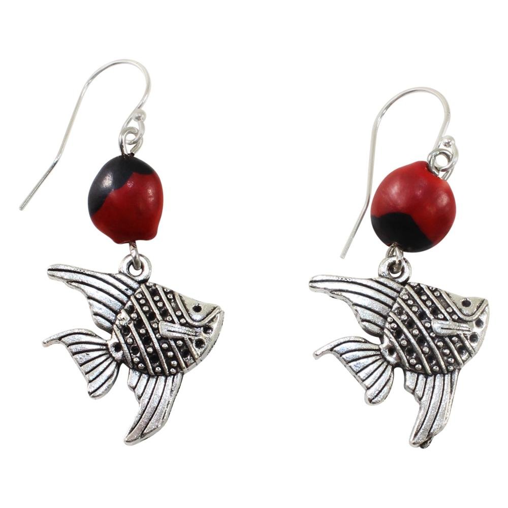 Sealife Fish Dangle Silver Earrings w/Meaningful Good Luck Huayruro Seeds - EvelynBrooksDesigns
