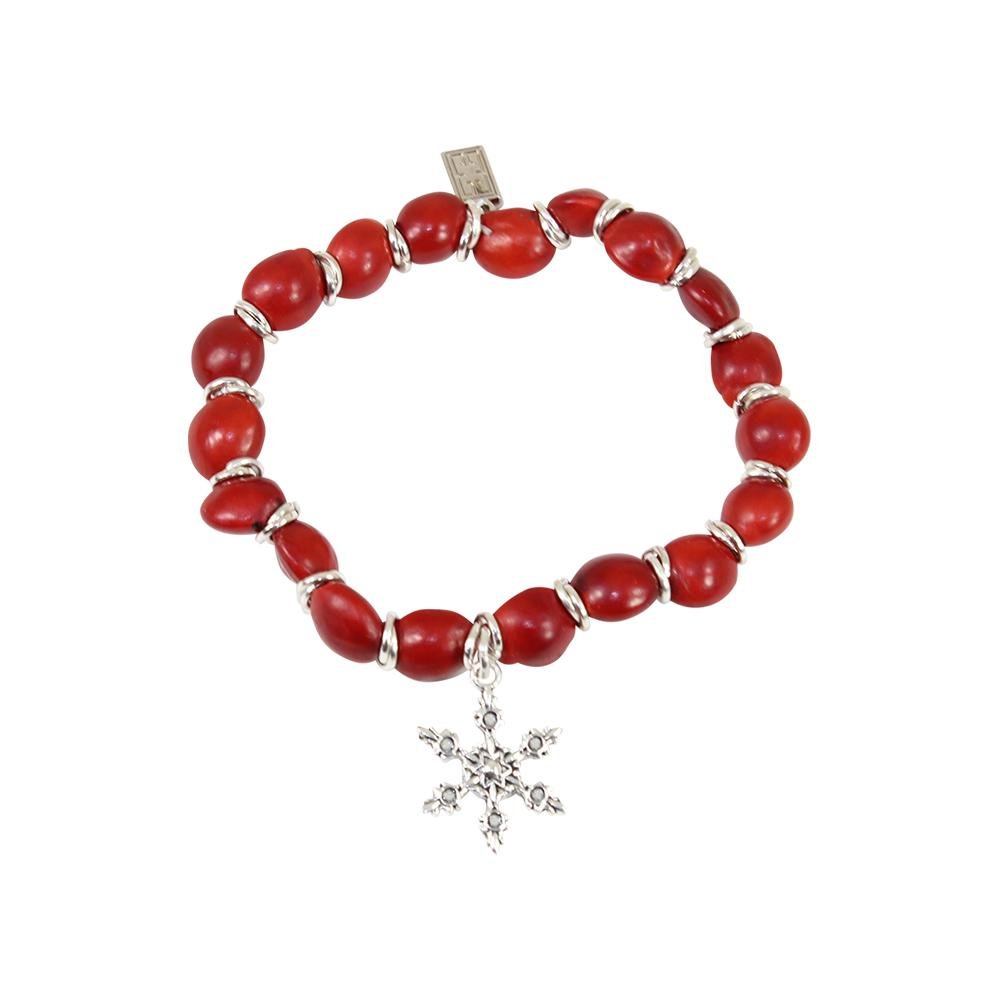 Snowflake Christmas Holiday Charm Stretchy Bracelet wHuayruro Red Seeds - EvelynBrooksDesigns