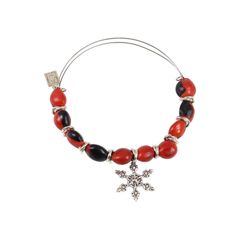 Snowflake Holiday Christmas Charm Adjustable Bangle/Bracelet for Women w/Huayruro Red Seed Beads - EvelynBrooksDesigns