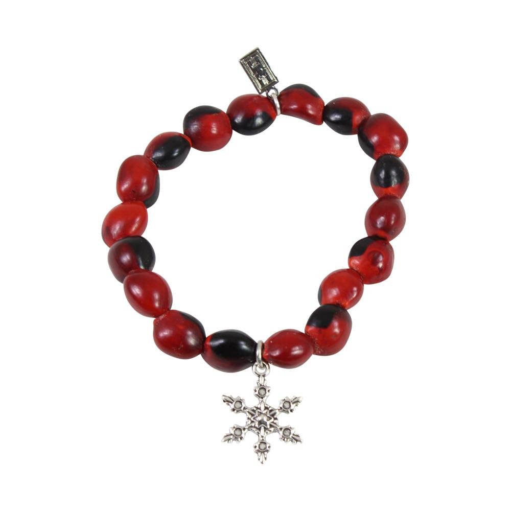Snowflake Holiday Christmas Charm Stretchy Bracelet w/Meaningful Good Luck Huayruro Seeds - EvelynBrooksDesigns