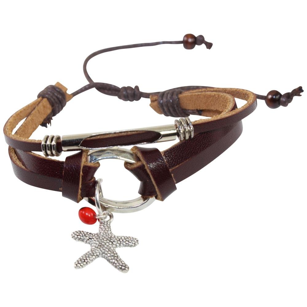 Starfish Charm Adjustable Leather Bracelet for Women w/Huayruro Seed - EvelynBrooksDesigns