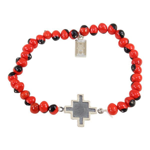Sterling Silver Chakana Inka Cross Stretchy Bracelet w/Red & Black Seed Beads 6.5"-7.5" - EvelynBrooksDesigns