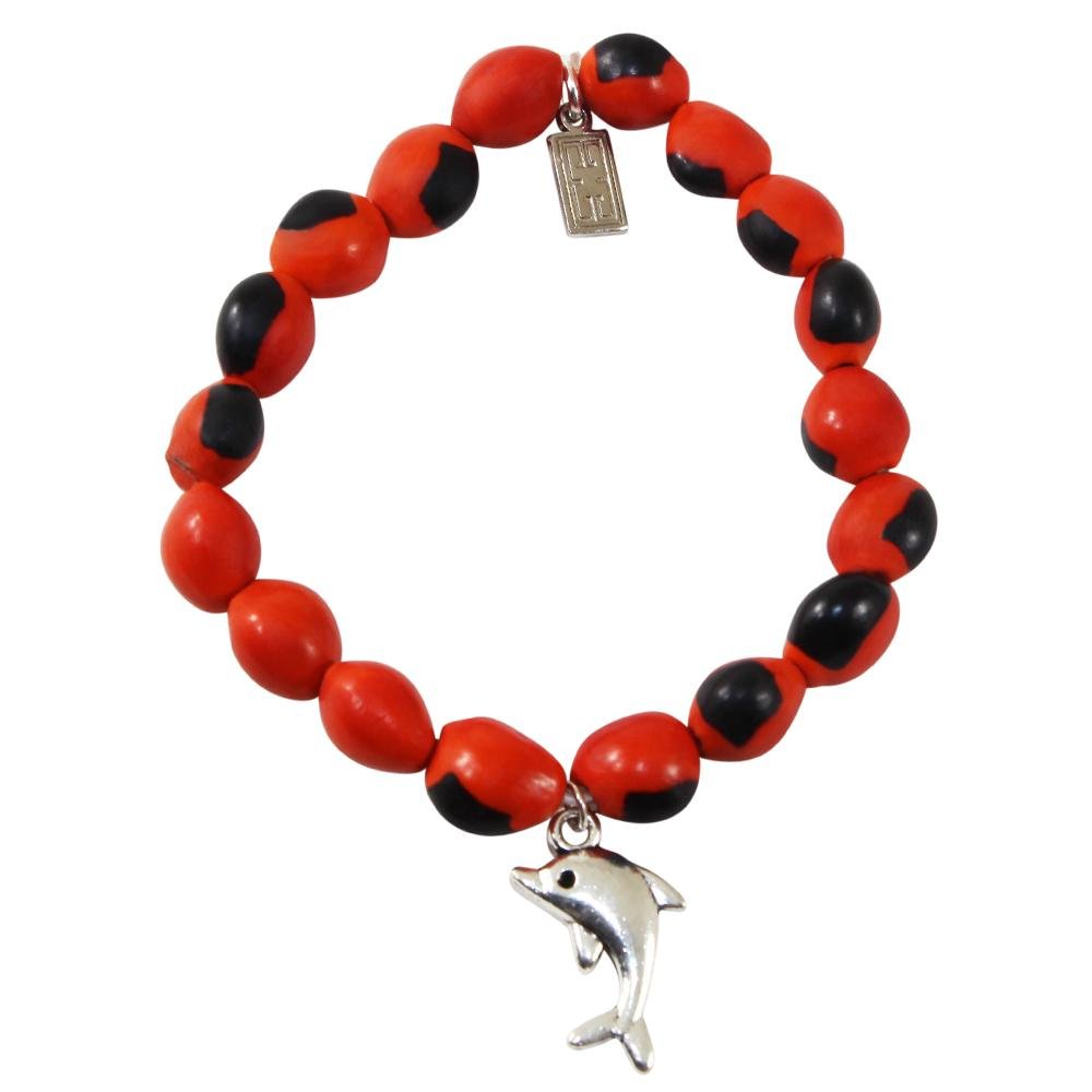 Sweet Dolphin Charm Stretchy Bracelet w/Meaningful Good Luck, Prosperity, Love Huayruro Seeds - EvelynBrooksDesigns