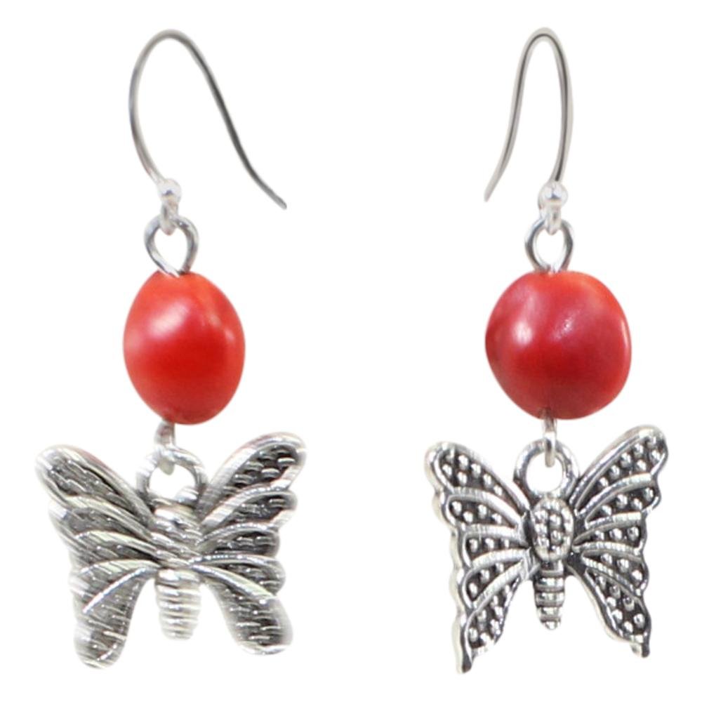 Symbol of Hope Butterfly Dangle Silver Earrings w/Meaningful Good Luck Huayruro Seeds - EvelynBrooksDesigns