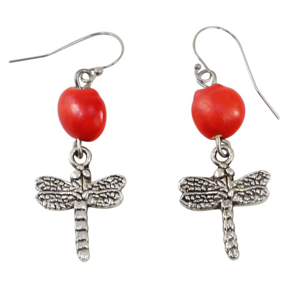 Symbol of Life Dragonfly Silver Dangle Earrings w/Meaningful Good Luck Huayruro Seeds - EvelynBrooksDesigns