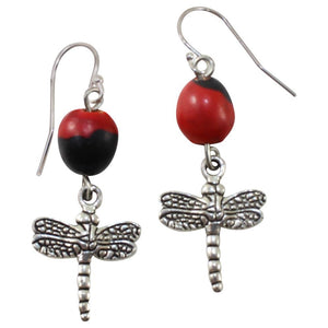 Symbol of Life Dragonfly Silver Dangle Earrings w/Meaningful Good Luck Huayruro Seeds - EvelynBrooksDesigns