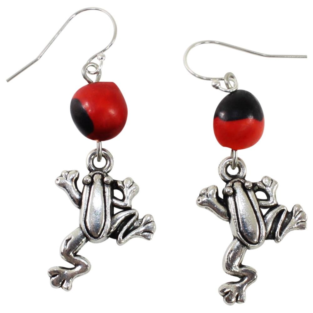 Symbol of Life Frog Dangle Silver Earrings w/Meaningful Good Luck Huayruro Seeds - EvelynBrooksDesigns
