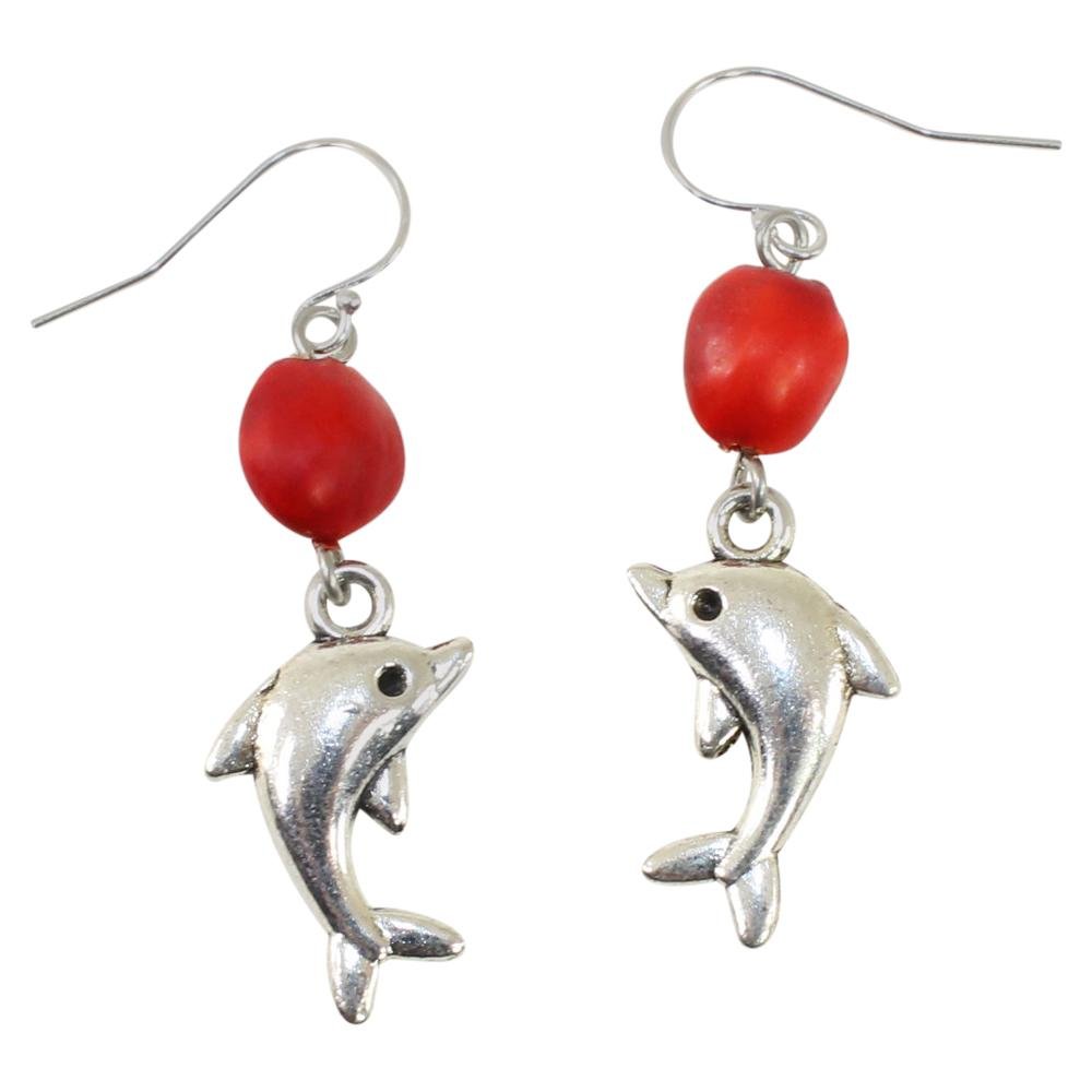Symbol of Peace Dolphin Dangle Silver Earrings w/Meaningful Good Luck Huayruro Seeds - EvelynBrooksDesigns