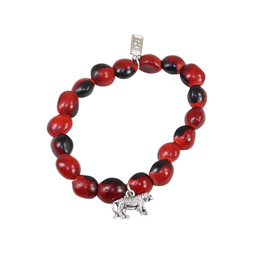 Tiger/Puma Charm Stretchy Bracelet w/Meaningful Good Luck, Prosperity, Love Huayruro Seeds - EvelynBrooksDesigns