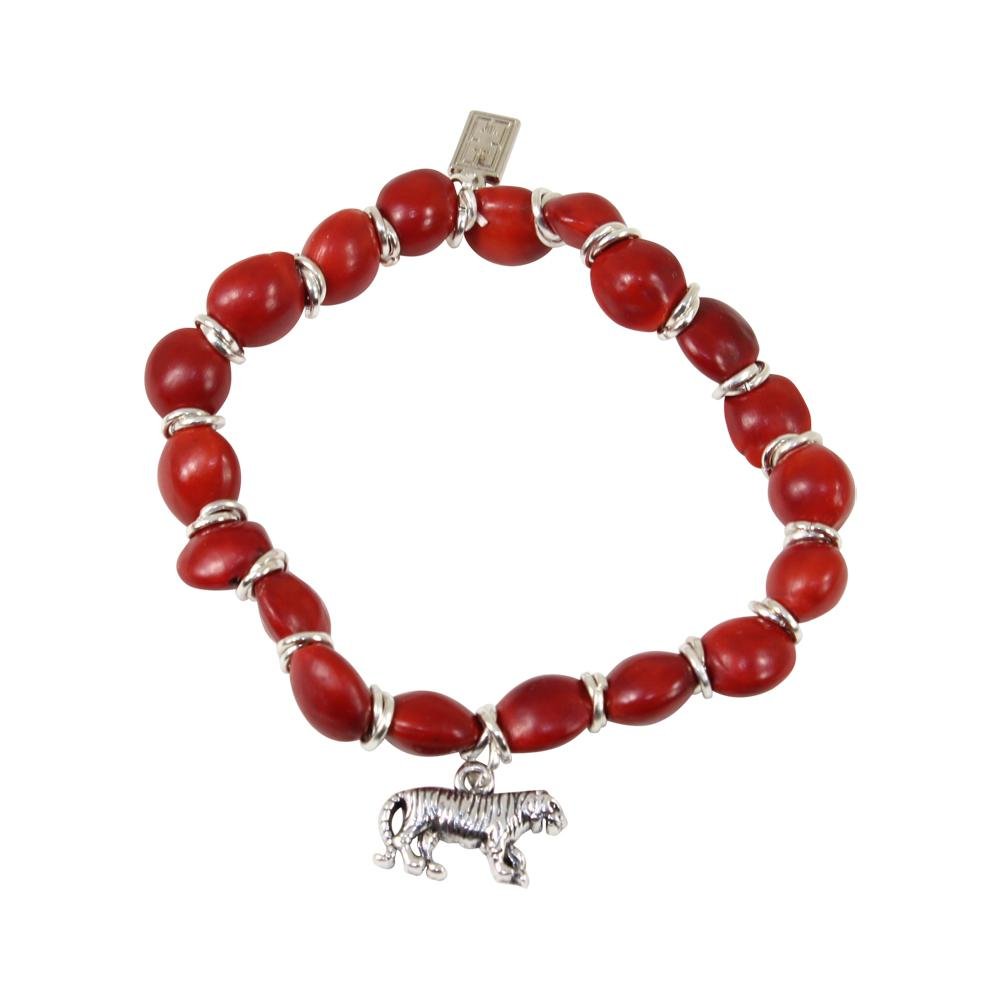 Tiger/Puma Charm Women Stretchy Bracelet w/meaningful Huayruro Red Seeds - EvelynBrooksDesigns