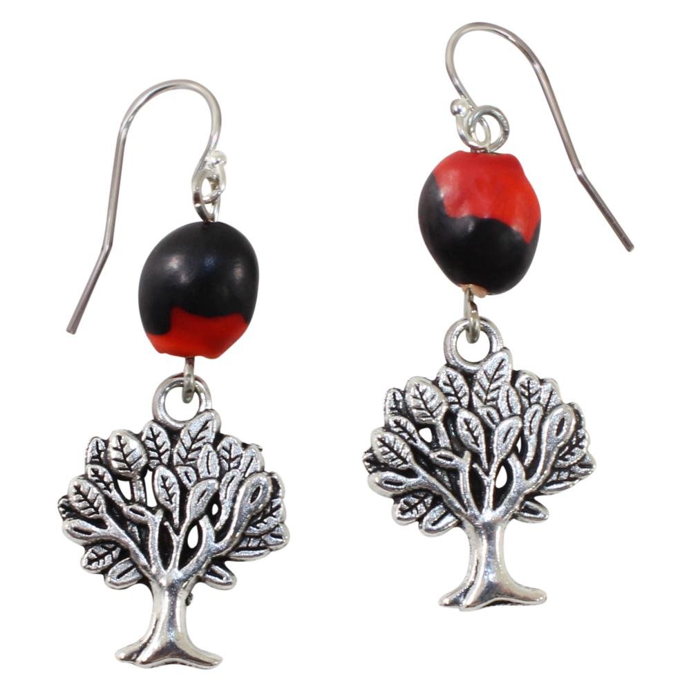 Tree of Life Dangle Silver Earrings w/Meaningful Good Luck Huayruro Seeds - EvelynBrooksDesigns