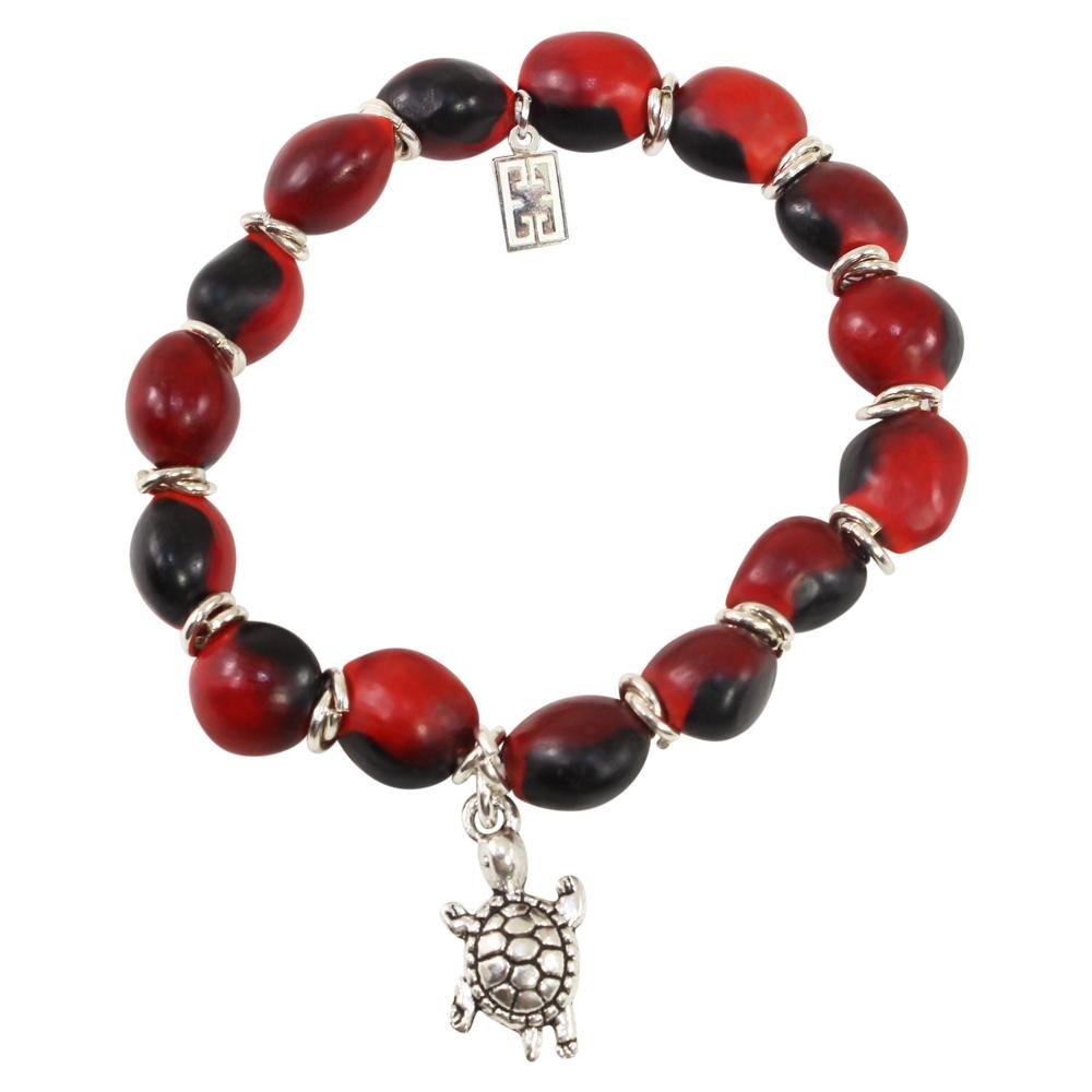 Turtle Charm Stretchy Bracelet w/Meaningful Good Luck, Prosperity, Love Huayruro Seeds - EvelynBrooksDesigns